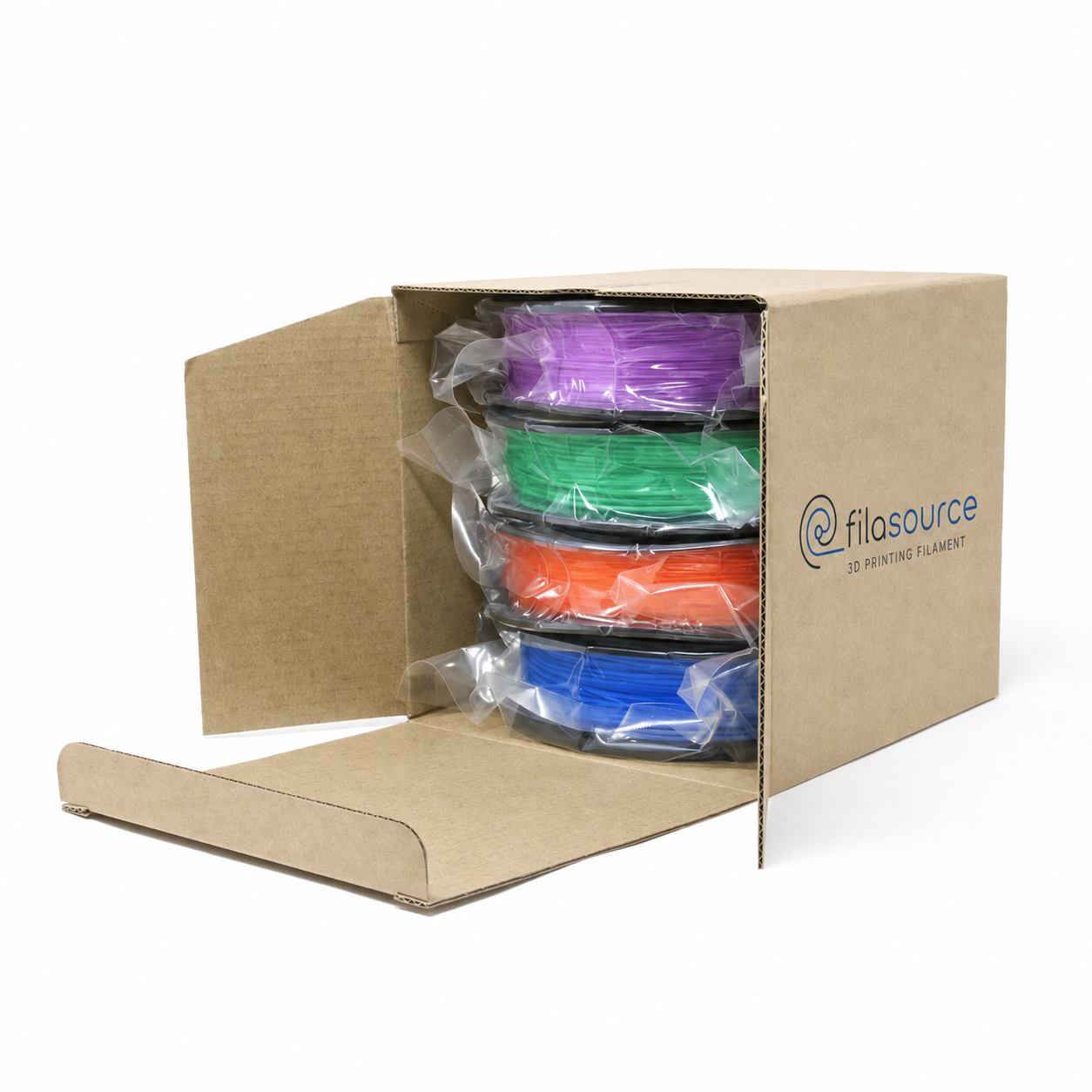 Four-color shipping boxes for cardboard filament spools.