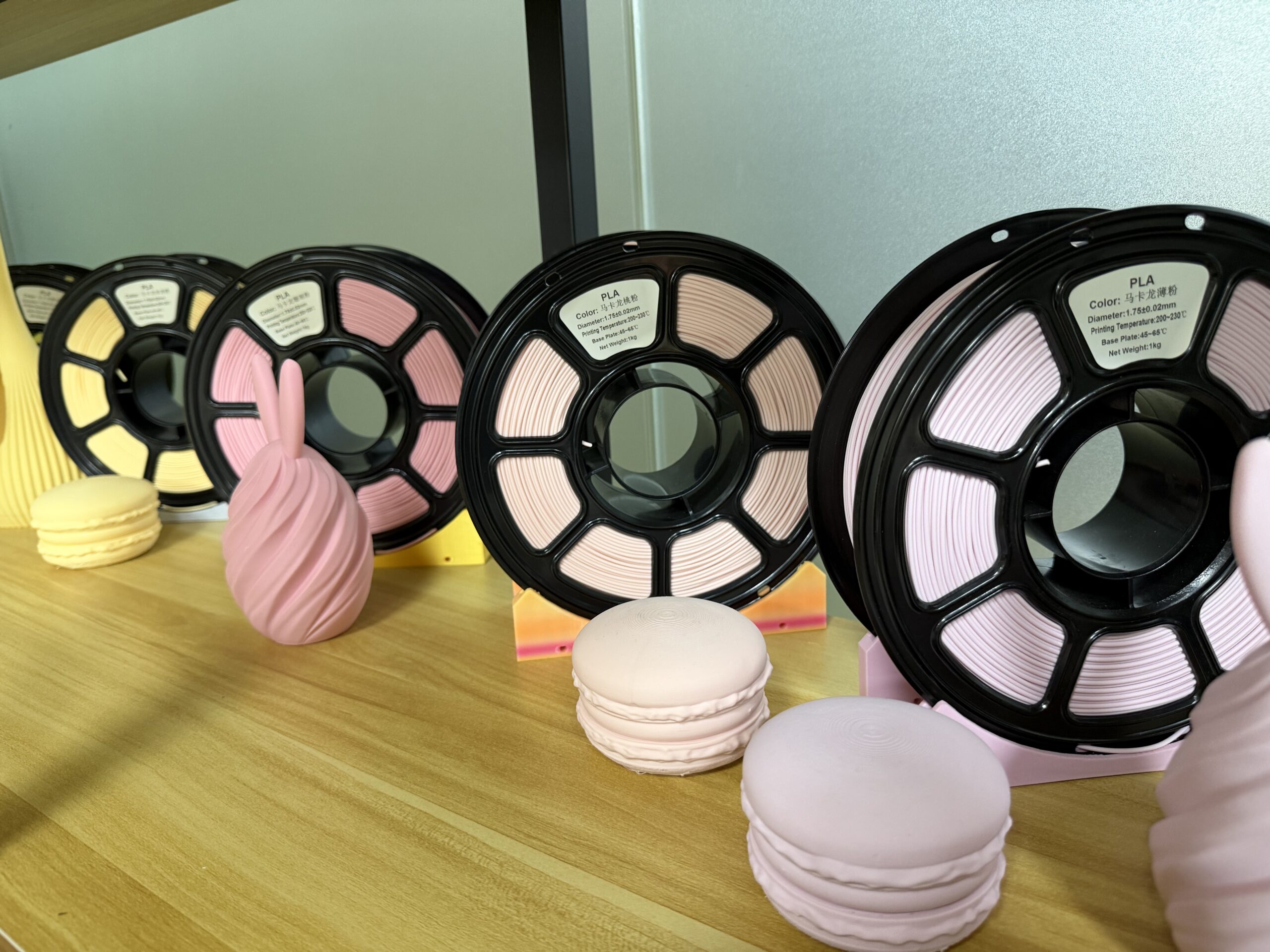 Labelled filament sample spools prepared for buyer review