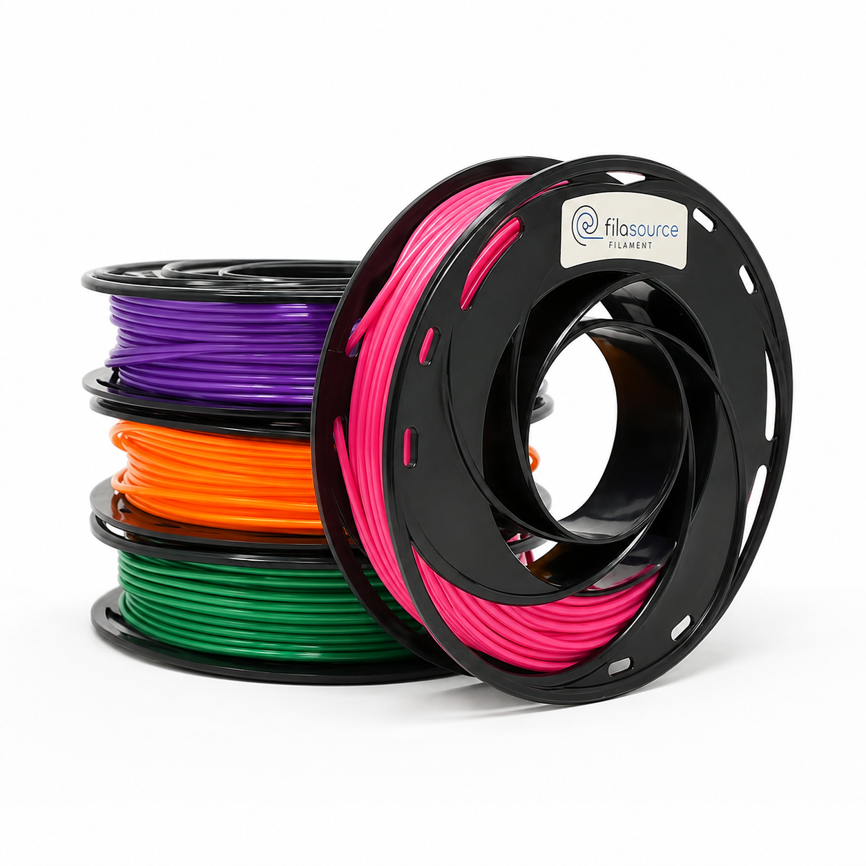 Four filament spools in purple, orange, green and pink.
