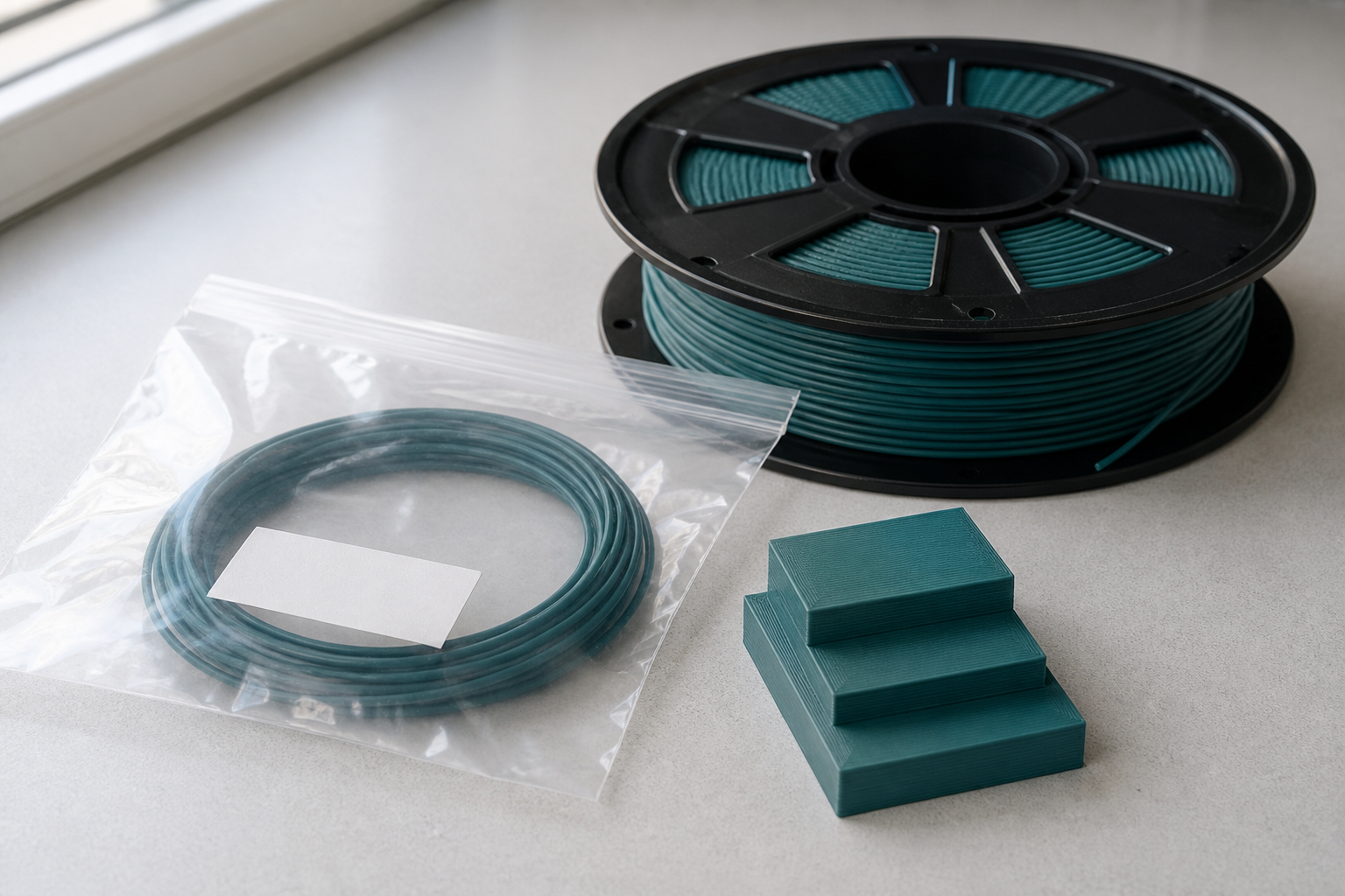 Filament samples, records and a product label on a worktable