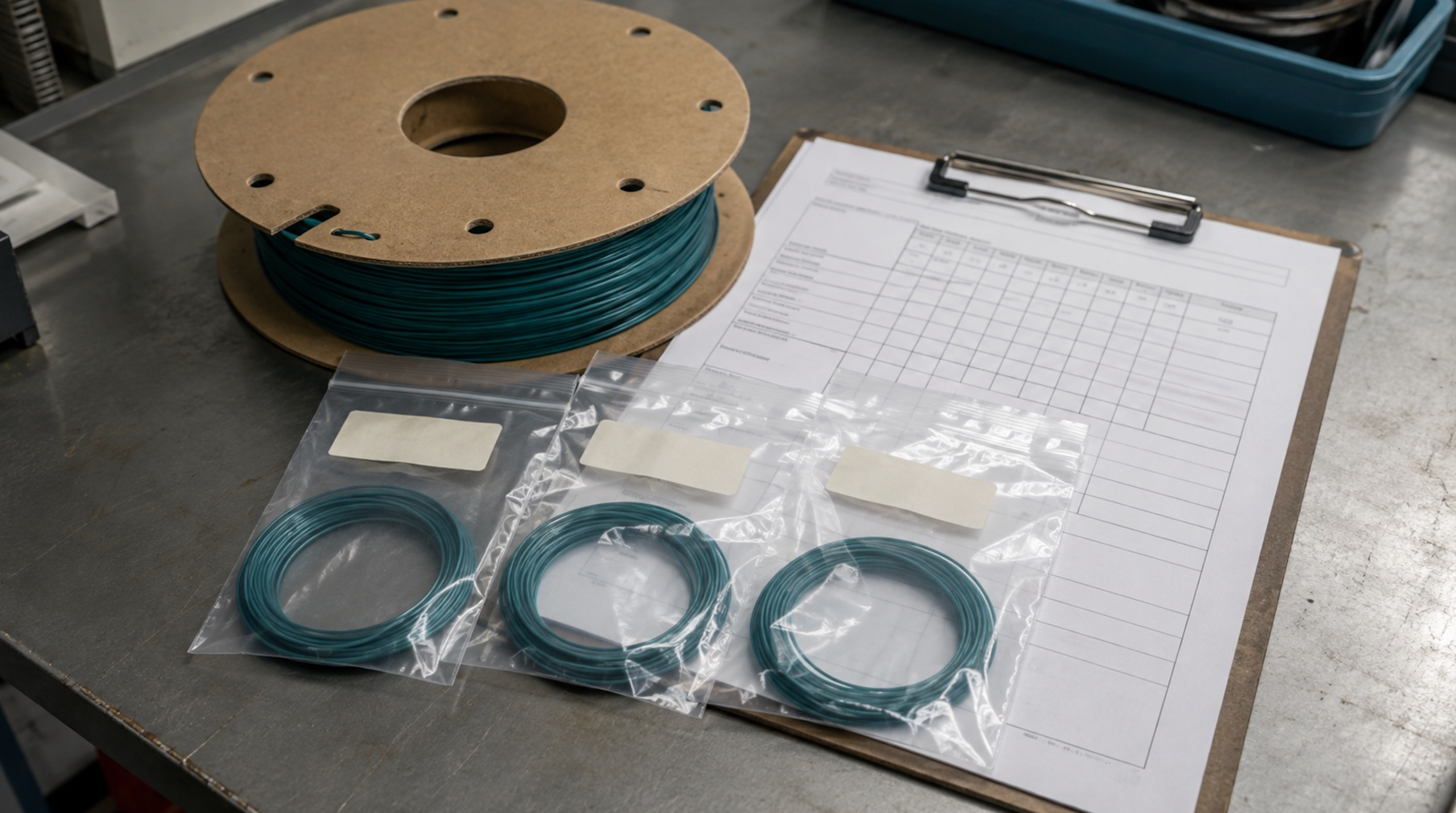 Technical document prepared beside a labelled filament product